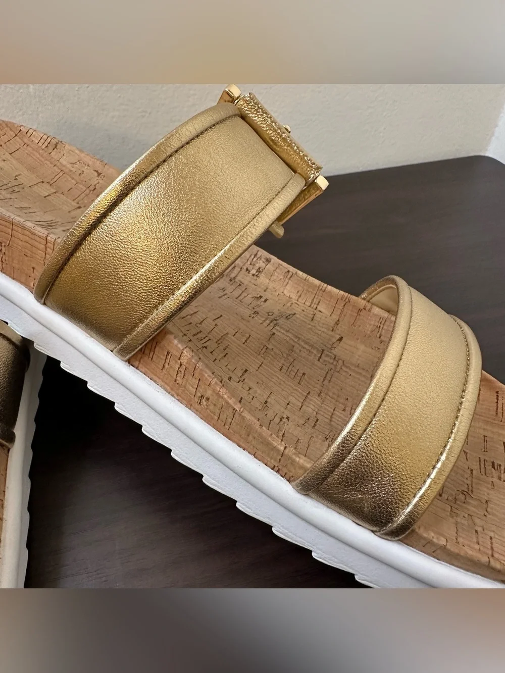 Michael Kors Colby Gold Leather Slide Sandals Buckle Cork Footbed Women's 11